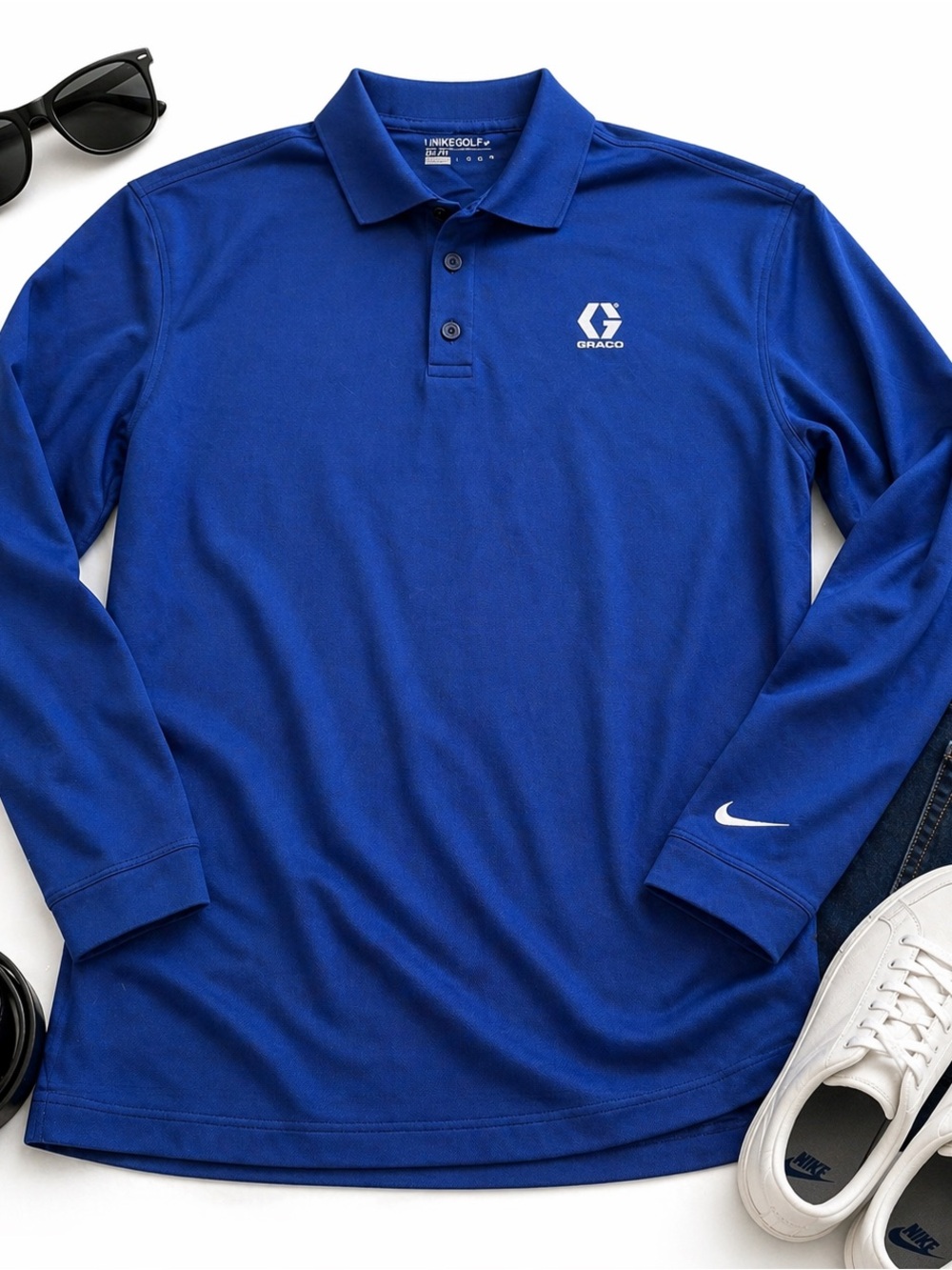 Nike Golf Dri Fit Blue Long Sleeve Wicking Polo Shirt Graco Logo Mens XXL in EUC - Picture 4 of 9